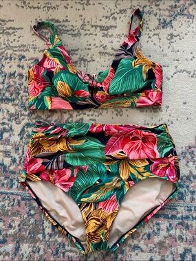 Kona Sol Tropical Floral Bikini Set in Green, Pink, Yellow, Navy